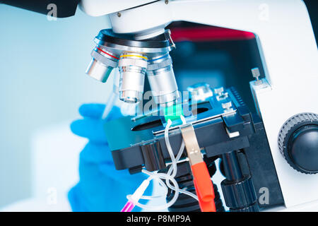 technician girl with microfluidic device LOC in microbiological lab Stock Photo
