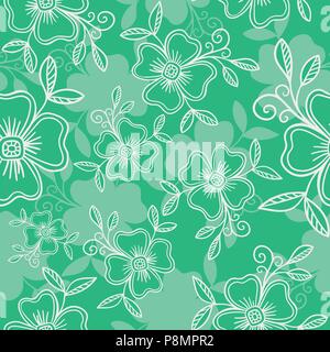 Vector seamless pattern - graphic flowers with leaves on green background. Stock Vector