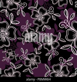 Luxury Vector seamless pattern - graphic flowers with leaves in violet colors Stock Vector