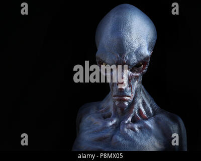 Portrait of an angry looking alien creature, 3D rendering. Black background. Stock Photo