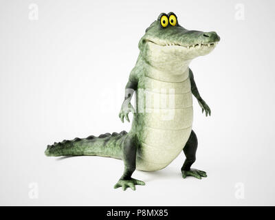 3D rendering of a cute, friendly cartoon crocodile standing up and smiling. Stock Photo