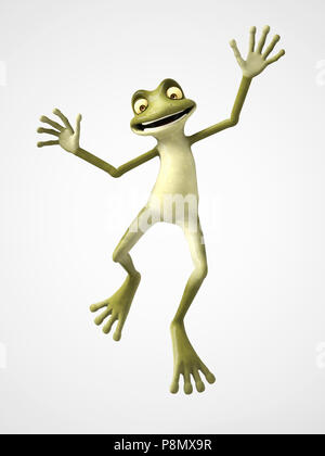 3D rendering of a smiling, cartoon frog jumping for joy. White background. Stock Photo