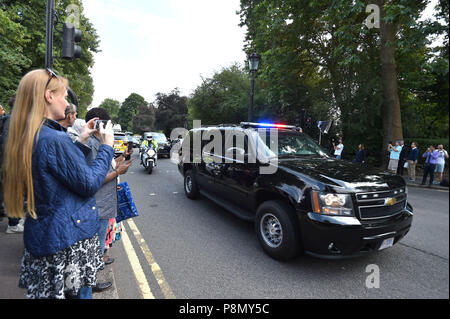 An American plated vehicle with police escort arrives at the US ambassador residence in Regent's Park, London, as part of the visit of US President Donald Trump to the UK. Stock Photo