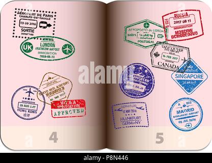 open passport with different grungy visa stamps Stock Vector