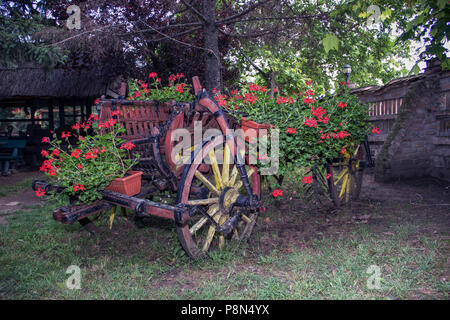 Countryside, Serbia - Decorative vintage wooden cart filled with colorful summer flowers and potted plants Stock Photo