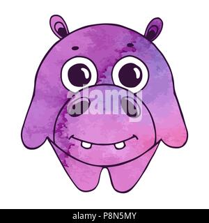 Cute cartoon hippo isolated on white background. Vector illustration in sketch style. Stylized watercolor. EPS 10 Stock Vector