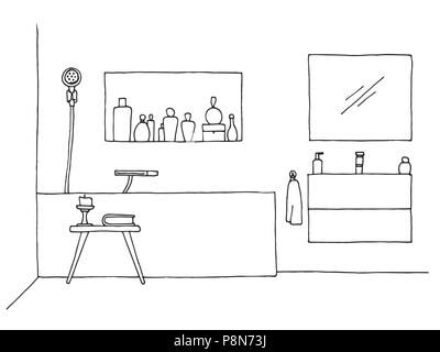 Hand drawn sketch. Linear sketch of an interior. Part of the bathroom. Vector illustration Stock Vector
