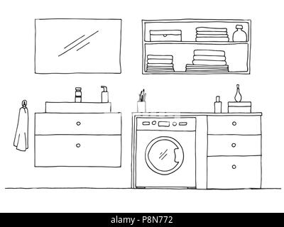 Hand drawn sketch. Linear sketch of an interior. Part of the bathroom. Vector illustration. Stock Vector