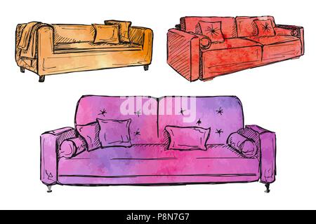 Three sofas isolated on white background.Vector illustration in a sketch style.Stylized watercolor. EPS 10 Stock Vector