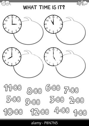 Black and White Cartoon Illustrations of Telling Time Educational Worksheet for Children Stock Vector