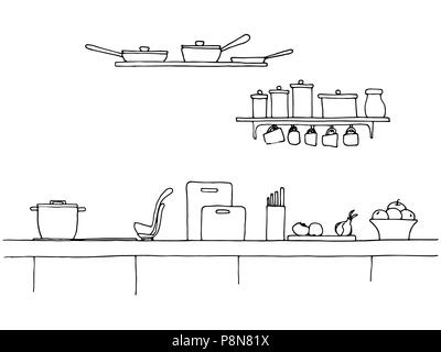 Kitchen worktop. Table top in the kitchen. Vector illustration in sketch style. Stock Vector