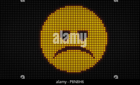 Emoticon sad face on big LED display with large pixels. Bright light sadness expression icon on bulbs stylized display 3D illustration. Stock Photo