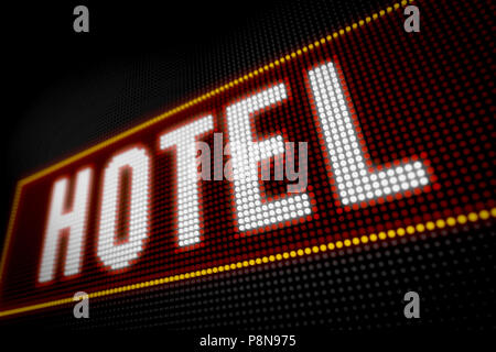 Hotel neon text on big LED display with large pixels. Characters lights ...
