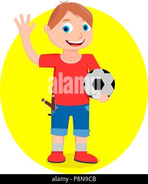 A boy in shorts and a T-shirt is holding a ball in his hand and greeting someone. Stock Vector