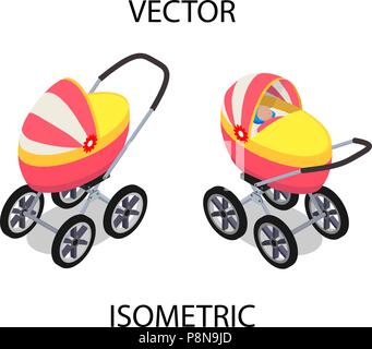 Bright baby stroller for summer walks. A baby carriage with a child in isometric view. Stock Vector