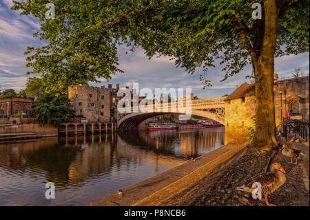 Lendal Bridge at sunset.  The bridge is relected in the River Ouse and ducks are in the foreground. Stock Photo