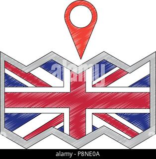paper map with flag of great britain and pin location icon vector illustration design Stock Vector