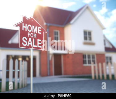 Home for sale, real estate sign in front of beautiful house with beam of sunlight coming from the background. Home business and finance concept. Stock Photo