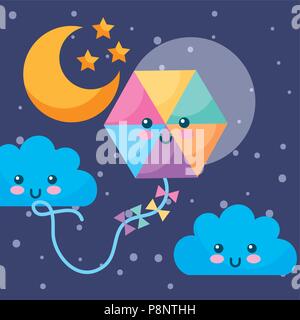 kawaii kite clouds moon stars night sky vector illustration Stock Vector