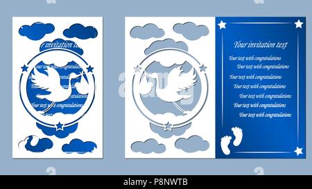 laser cutting, stork, toy, children traces, children carriage, pacifier, clouds, blue, white, paper, Stock Vector
