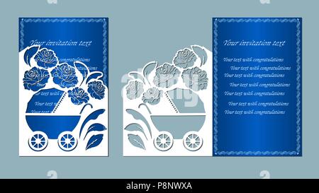 laser cutting, children carriage, blue, white, paper, rose, flower, bouquet Stock Vector