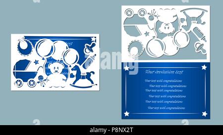 baby bottle, vector, card, inflatable balls, children's small bottle, horse, heart, pacifier, toy, star, balloon, bear cub, horse, white and blue, bib Stock Vector
