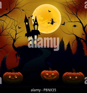 Halloween background. Dark castle and cemetery with pumpkins head, witch and the moon Stock Vector