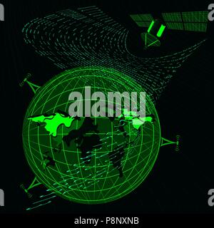 Background in a matrix style. antenna, satellite, earth. Falling random numbers. Green is dominant color. Vector illustration Stock Vector
