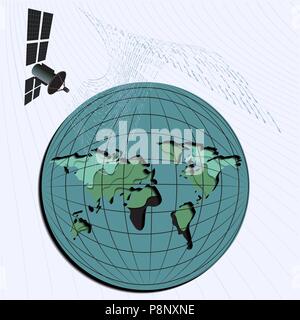 Background in a matrix style. antenna, satellite, earth. Falling random numbers. beige is dominant color. Vector illustration Stock Vector