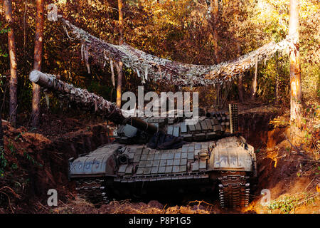 The tank from the hidden position is disguised in the trench Stock Photo