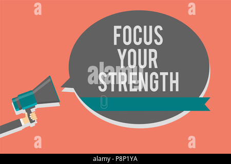 Writing note showing Focus Your Strength. Business photo showcasing Improve skills work on weakness points think more Symbols speaker alarming warning Stock Photo