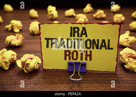 Handwriting text writing Ira Traditional Roth. Concept meaning are tax deductible on both state and federal Yellow sticky card clipped text notice cru Stock Photo