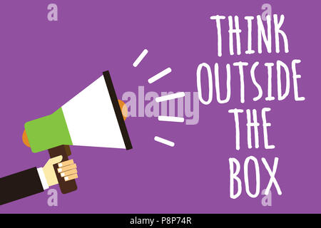 Word writing text Think Outside The Box. Business concept for Be unique different ideas bring brainstorming Sound speaker alarm hand hot issue public  Stock Photo