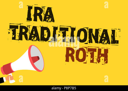 Handwriting text writing Ira Traditional Roth. Concept meaning are tax deductible on both state and federal Multiline text notice board recall reassur Stock Photo