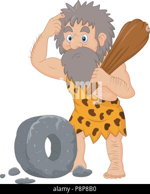 Cartoon caveman with stone wheel Stock Vector