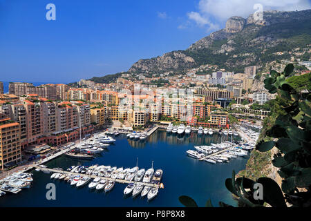 View of Fontvieille harbor with boats and yachts pictured in principality of Monaco, southern France. Stock Photo