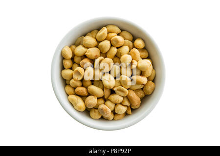 Bowl of fresh roasted shelled peanuts isolated on white viewed from the top down in a generic white ceramic dish Stock Photo