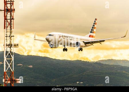 Montego Bay, Jamaica - January 21 2017: American Airlines aircraft landing at Sangster International Airport (MBJ) in Montego Bay, Jamaica. Stock Photo