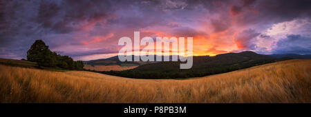 Rural landscape with pastures, fields and forests in the valley of Ipel river in southern Slovakia. Stock Photo