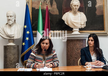 Rome, Italy. 12th July, 2018. ROME, ITALY - JULY 12. Virginia Raggi, Mayor of Rome with Rosalba Castiglione, Councillor for Heritage and Housing Policies during the Press Conference of the Mayor of Rome Virginia Raggi, Presentation of the redefinition of the plan of action on leases relating to the available assets for residential use of Roma Capitale.on July 12, 2018 in Rome, Italy Credit: Andrea Ronchini/Pacific Press/Alamy Live News Stock Photo