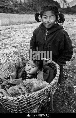 A NEPALI baby a basket with her older sister in NUPRI - AROUND MANASLU TREK, NEPAL Stock Photo