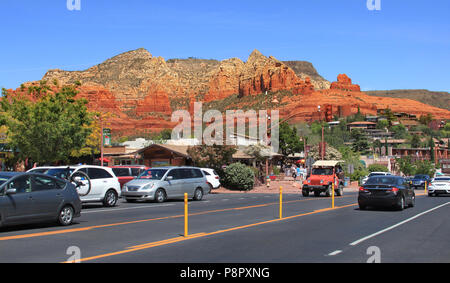 View of Sedona, Arizona city center and downtown with backdrop of red rocks Stock Photo