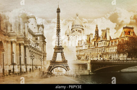 collage of paris landmarks in vintage style Stock Photo