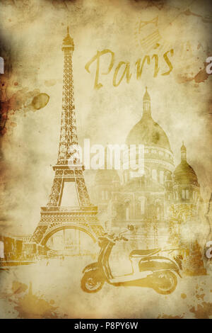 vintage postcard travel theme with parisian landmarks Stock Photo