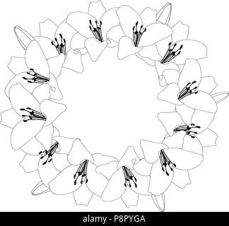 Lily Flower Outline Wreath isolated on White Background. Vector Illustration. Stock Vector