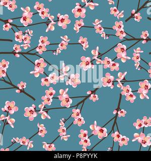 Momo Peach Flower Blossom Seamless on Blue Background. Vector Illustration. Stock Vector