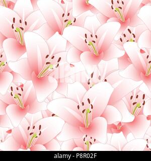 Pink Lily Flower Seamless Background. Vector Illustration. Stock Vector