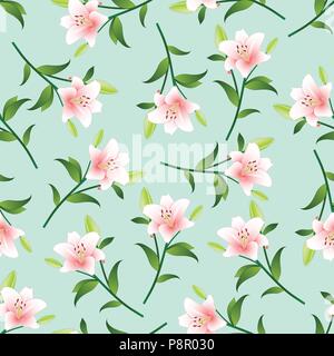 Lilium candidum, the Madonna lily or Pink Lily on Green Mint Background. Vector Illustration. Stock Vector