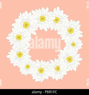 White Chrysanthemum Wreath isolated on Pink Background. Vector Illustration. Stock Vector
