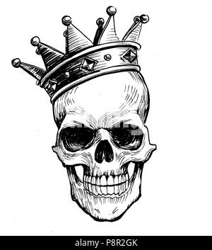 Human skull in the crown. Ink black and white illustration Stock Photo